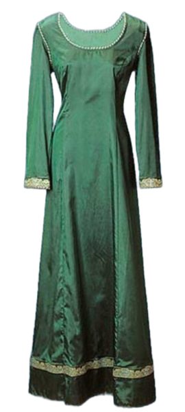 This dress is based on paintings from the 13th century and was worn by very important ladies. Our dress features a long slender shape adorned with beautiful wide trim on the sleeves and above the hem line and twisted gold and green piping on the scooped neckline, shoulders and sleeve ends. Lightweight flowing fabric with a wonderful sheen in a dress that slips over your head. Green only. S(6-8), M(10-12), L(14-16) and XL(18-20). Dry clean only.
