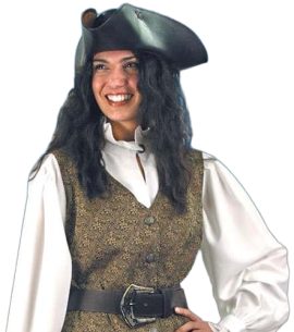 Mary Read lived as a man most of her life. She and Anne Bonny were pirates under Captain Jack Rackham, also known as Calico Jack. Most of the crew were unaware that there were women aboard. This beautiful vest is a rich brocade with a scoop v-neck collar, making it a perfect stand alone garment or accent to our Mary Read coat. Golden Brown. 100% Polyester