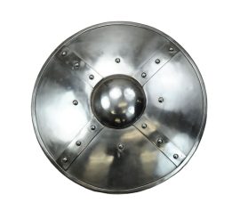This relatively large buckler is crafted from sturdy 16 gauge steel reinforced with riveted steel bands. The buckler is blackened on its back and is fitted with a riveted steel grip. The grip is finished with two wooden halves riveted to the steel for a much better grip for the hand.
Though small compared to other types of shields, the buckler is a surprisingly adept dueling defense. More easily maneuvered than larger shields, the buckler needs to only be placed in the path of the foes weapon to absorb or deflect his attack. Unlike larger shields, a buckler is not held close to the body, but instead held outward toward the opponent. This placement can cut off many avenues and angles of attack by the foe and create a space of defense in front of its wielder that is much larger than the size of the buckler would initially suggest.
Though typically seen as a tool of defense, a skilled fighter knows how to utilize his buckler as an off-handed weapon to punch the foe, or to use the rim to strike the face or even let the rim catch the blade of the foe to potentially damage his weapon.
