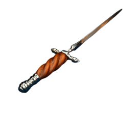 The Venetian Stiletto by Windlass Steelcrafts is reproduced from one kept within the collection of arms in the Doge’s Palace of Venice. The stiff, triangular cross section blade is forged from 1055 high carbon steel and its original was purpose-built to puncture thick cloaks and clothing deeply, both for incidences of self defense or partaking in the cloak-and-dagger intrigues of turbulent and contentious Renaissance Italy. The blade is deliberately unsharpened as this thin stiletto was intended as a thrust and puncture weapon only – it does have a notably pointy tip. The guard and pommel are fashioned from well-polished steel and the grip is crafted from well-carved spiralled wood. Included is a thick and tough leather sheath with steel fittings.