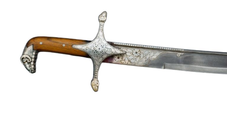 Damascus Silver Koftgari Indian Saber with Ram's Head