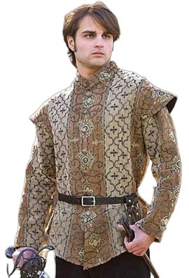The elegance of the Renaissance lives on in this magnificent men’s doublet. Manufactured of a heavy brocade fabric and sporting a row of antiqued buttons, every effort has been made to ensure the finest care in the alignment of the fabrics to give this jacket a truly royal appearance. 100% cotton with polyester lining, Dry clean only. Sizes S, M, L and XL.