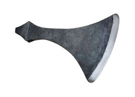 This Danish Axe Head is hand-forged into form from high carbon steel and its blade edge is thick and blunted for stage combat and reenactment. Edge thickness ranges from approximately 1.8 mm to up to 4 mm thick at its rounded and thickened blade ends.
The axe is ready to be mounted onto your own wooden haft – the socket for the axehead is approximately 1 1/4 x 1 in diameter (due to handcrafted nature of this axe these dimensions can vary).
The axe socket can be mounted directly to haft of a matching size. For a more durable construction we recommend using a haft which is wider than the socket and then trimming the end down to make a slot for the axehead to be seated upon. By using this method you can use a wider wooden haft and by slotting the axe into place it makes it impossible for the axehead to come loose and move down the haft.
To achieve a tight fit between axehead and wood haft we recommend the use of axe wedges – these are sold separately and are linked on this page with a thumbnail link under the also available section.