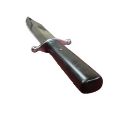 Perfect for the top of a boot or the back of a gun belt, this knife is easy to carry. The guard is nickel silver and the grip is hardwood polished to a nice luster. The blade is high carbon steel that is well-tempered and will take a razor edge. Comes with period scabbard.