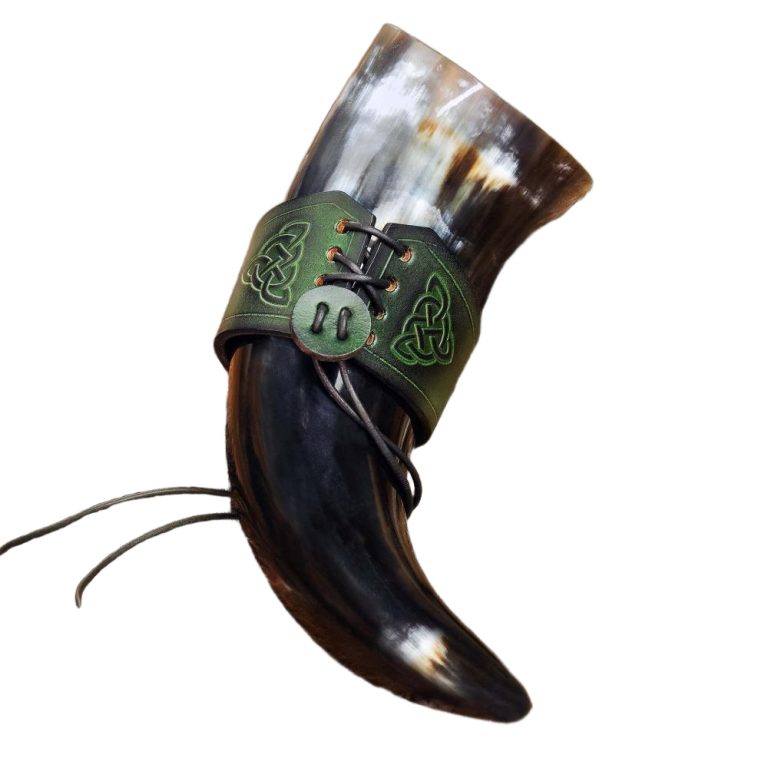 Green Leather Drinking Horn Holder - Smaller Size