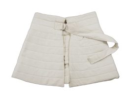 This gambeson skirt is widely adjustable and constructed from sturdy, quilted cotton and lined on the interior with cotton felt padding. All-natural in construction it will breathe better than gambeson armor crafted from artificial materials.
