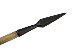 This Bodkin-tipped crossbow bolt has a head of blackened steel and a shaft of wood with leather fletching.
The pyramidal-shaped head of this bolt is purpose-designed for armor penetration.