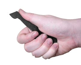 This compact flint striker of iron is an easily-packed piece of camp kit. This version has a handle to grip on and tab at its top which is used to strike against.