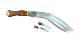 This authentic kukri is made by the official government contractor, Windlass Steelcrafts, for issue to the Gurkha’s Assam Rifles Regiment. Made to current military specifications, it is hand forged from high carbon steel and comes with a regulation sheath. This kukri has a long double fullered carbon steel blade. It also features the traditional religious notch symbolic of the trident (3 pronged spear) of Shiva. At a little over 1/4” thick, this is a very powerful chopping blade. The polished, native hardwood handle is reinforced by a brass bolster and a brass pommel with a raised lion’s head decoration. Include two traditional accessory knives.