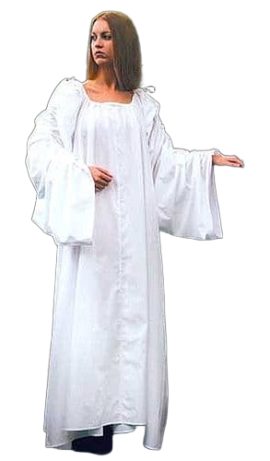 The chemise was worn under all Medieval ladies’ clothing; it kept the outer clothing cleaner by absorbing perspiration. It was often slept in as well. Our well-made chemise has very long sleeves and ties at the shoulders. A very special Celtic look for your favorite gown. Poly/cotton blend, hand wash.
Size: Small / Medium – Waist (24”-28”) Hips (34”-40”) Bust (32”-36”)
Size: Large / XL – Waist (28”-36”) Hips (40”-46”) Bust (36”-44”)
Size: 2XL