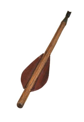 This bolt has a head of blackened steel and a shaft of wood. The fletching is of leather.
The wide and relatively flat tip of this bolt is intended for hunting game. The shape of this flattened head minimizes exterior damage to the quarry of the huntsman.