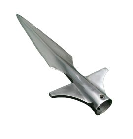 A classic design of Frankish Carolingian origin, the lugged spear was widely used by Viking and early medieval warriors. The sharply tapered design with its raised central ridge gives it powerful penetrative potential with little force lost to flex due to the stiffening central ridge. The winged lugs on its side not only prevented over-penetration in a strike, but could also have been used to parry or push other weapons as circumstances allowed in the mass melee of the shieldwall.
This