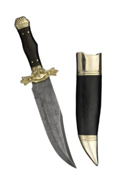 This Coffin-Hilt Bowie Dagger has a blade forged from damascus steel and the skillful melding of the two different steels into a single clip-point blade by the smith is evident in the ripple-like patterning that can be seen throughout the blade. The dagger has a full-tang construction for a truly tough and robust construction. The guard and pommel halves are finely cast from metal with an antiqued nickel finish and the riveted grip halves are of smoothly polished wood.
The dagger is matched with a wooden scabbard which is wrapped in black leather and completed with antiqued nickel-finished cast metal fittings to match the dagger.
Please Note: If you choose to have this dagger sharpened we will sharpen the false edge by default. If you do not wish to have the false edge sharpened after selecting sharpening please contact us to inform us of your wishes.