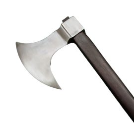 This axe has a hefty head of high carbon steel that has been antiqued for an aged appeareance. The thick haft is of stained wood.