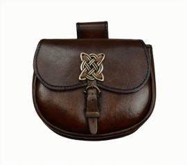 This Celtic Belt pouch is sturdily crafted from thick, stitched leather with fittings of antiqued brass. It is buckled closed with its strap and buckle. A belt loop of leather completes it.