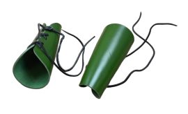 These basic leather bracers are crafted from thick, quality 7-8 oz leather; they are bound to the arms with a thick leather lacing cord and can be adjusted to fit a wide variety of forearm sizes.