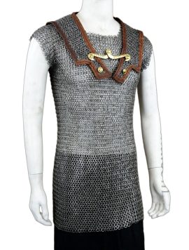 This Roman Lorica Hamata chainmail tunic is crafted from dome-riveted flat rings of stainless steel – the rings are darkened for an antiqued and more authentic appearance. The individual rings are 18 gauge in thickness and 9 mm in diameter.
The shoulder doublet panels are lined with stitched leather; the chest hook which holds them into place is cast from brass.

Construction: Dome Riveted
Ring Type: Flat Rings
Material: Stainless Steel
Ring Size: 9mm – 18 gauge
Finish: Darkened


Medium- fits Chest Size up to 44”
Large – fits Chest Size up to 50”
XL – Fits Chest Size up to 56”
XXL – Fits Chest Size up to 62”
