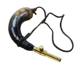 This Powder Horn is crafted from a buffalo horn that has been polished to a glossy sheen; It is capped with a carved wood plug that is secured with brass pins. The working valve is crafted from brass and has an integrated spring pin that is pressed to open the valve to pour gunpowder. It is finished with a fitted leather cord for wear.
The lifespan of your powder horn is lengthened by giving the exterior a light coat vegetable oil periodically. These powder horns are made from organic materials, therefore size and coloration will vary.