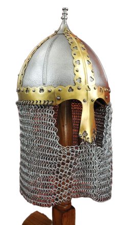 This Medieval Russian Helm is crafted from riveted 14 gauge steel and decorative plates of brass. The steel has been textured to give a rough-forged appearance. The helm has been fitted with a camail of butted round ring chainmail of steel. The interior of the helm is blackened and has been lined with an adjustable leather suspension liner and an adjustable chin strap with a brass buckle.
Russian helmets such as this show a relationship to helmets commonly worn by Persian elites as evidenced by the tall, conical top and the extensive chainmail camail protection. The design likely spread from modern day Iran and variants of the design could be seen as far afield from Eastern Europe to India.
A helmet such as this could be expected to be seen on a Russian noble Boyar or a professional warrior of his retinue.