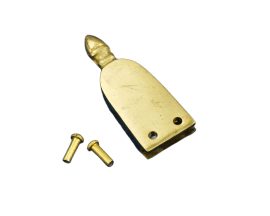 This solidly built belt chape is made entirely from brass and unlike most such belt chapes it is intended to be riveted over an end of leather, but instead is built to fit as a sleeve over the tapered end of belt for a full and seamless transition. Included is a pair of brass rivets to affix it to your own belt.
2 1/4” Long x 13/16” Wide x 1/4” Thick
The slot to accommodate a belt end is approximately 11/16” wide
