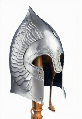 This helm is crafted from 18 gauge steel with an antiqued finish for an ancient appearance. The helmet is fully wearable and is lined on the inside with a leather suspension liner that can be adjusted to fit and size with its integrated leather cord. A chin strap of durable leather with a brass buckle to secure it into place finishes the helmet for wear or display.

Dimensions: 
Internal Circumference: 25 1/2″
Front to Back: 8 3/4”
 Side to Side: 8”
