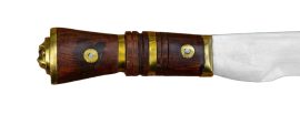 The Assam Khukuri has a blade of high carbon steel which is sturdily riveted and mounted into a hardwood handle and embellished with brass accents. Included with this fighting Kukri dagger is a wooden scabbard which is wrapped in black leather and fitted with a protective brass chape. Included on the scabbard is a removable leather frog with a pair of belt loops on its back for easy wear.