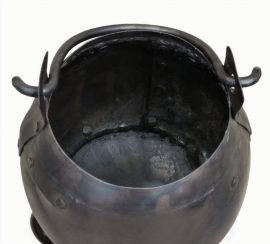 This dark age / medieval cooking kettle is crafted from iron with riveted construction reinforced with seam welding. Its swivel handle folds down for easier transport and storage.10 7/8” Tall (not including handle)14 1/2” Tall with handle uprightCircumference at midsection: 32”
