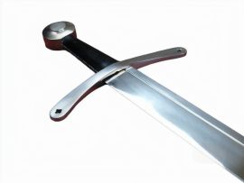The Falchion was a popular weapon amongst the warriors of Medieval Europe. Though the double edged swords are more famous, the prevalence of the Falchion in Medieval art is a testament to it’s popularity. The design of this weapon makes it excellent at cleaving through the mail armor of the time, while still providing a point for a penetrating thrust. Features an unsharpened, tempered, high carbon steel blade. The guard and pommel are both solid steel, and the grip is wood, covered with leather. Includes a matching leather scabbard.
