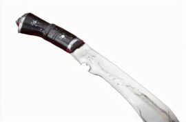 This Khukuri has a blade of high carbon steel and it is mounted to a hilt of carved horn with a pommel cap of aluminum. The decorative inlay on the grip is also of aluminum. The Khukuri comes with a wood-core scabbard that is bound in black leather and fitted with a brass chape tip.
Please Note: It is common for this item to have cosmetic blemishes on the blade and scabbard.