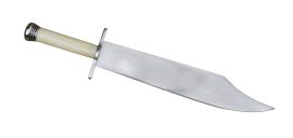 Effective, intimidating, and built to work! Lightweight, even for its imposing size, this was the knife to carry in a rough land like Texas during the days of Santa Ana when a man truly needed a backup weapon. Featuring an authentic bone handle, fittings of solid steel, and an high carbon steel blade. Based on an original design from a private collection. Includes a leather belt sheath.