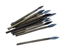 This set of 12 mini crossbow bolts are intended to be paired with the mini crossbow (AH5108). They are crafted from wood with blackened steel tips.
Please Note: These bolts are handcrafted and may vary slightly in length and in the size of the steel tip.