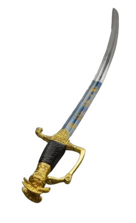 This immaculately embellished French Napoleonic Saber would have been fitting for a General or even a Marshal of Napoleon’s La Grande Armée and although such high levels of ornamentation were regulated in the French Army its highest ranking and wealthiest officers inevitably used their influence to get around the regulations and endow themselves with the finest and most prestigious swords that they could commission; no expense would be spared on  adornment, gilt and inscription. Though these swords were a bold display of rank and status, the skilled bladesmiths and cutlers who fashioned them took care to ensure they remained capable and deadly weapons.
This sword is reproduced from an original and its tempered blade is forged from 1055 high carbon steel and features blued-and-gilt  embellishment at the base of the blade which was achieved by heat-bluing the steel and completing it with gold tone etching on both sides which features the sigils and symbols of the French Empire. Depending upon how it catches the light the bluing can vary from deep blue-black to a teal blue to the eye. The hilt is crafted from well-cast and highly detailed brass and the meticulously carved grip is of blackened wood.
The sword is matched with a blued and antiqued scabbard which is completed with cast brass fittings and brass hanging rings.
Please Note: If optional sharpening is selected we will not sharpen the blued part of the sword by default.
&nbsp;
&nbsp;