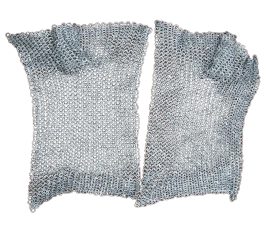 Voiders are panels of mail that are intended to be sewn and fitted to a gambeson or a leather armor to cover the torso sides, armpit, and inside part of the upper sleeve. This adds protection in areas that are often overlooked, and will put chainmail protection in places that cannot be covered by plate armor when it is worn over the gambeson.
These voiders are crafted from links of aluminum. Half the rings are round and the rest are flat rings, with the round rings being riveted rings that alternate with the solid rings. Because they are aluminum these voiders weigh substantially less than standard steel chainmail.
Voiders do not have to be used in conjunction with plate armor, they can also be used to add protection to a gambeson or a leather armor piece on its own.