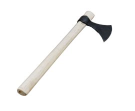 This Viking Throwing Axe has a head of high carbon steel which is mounted onto a haft of solid and stout Hickory hardwood. Replacement handles are available and are sold separately.
Please Note: It is not unusual for the axeheads of traditionally-mounted throwing axes to loosen over time; reseating or re-mounting the head can be done by placing the head in a vise and striking the widened end of a wooden haft with a rubber mallet.
The usefulness of a throwing axe is readily apparent and they are easily tucked into the belt and perhaps even concealed behind a cloak. A clever Viking could even enter into a fight with an axe hidden behind his wide shield, cunningly gripped with the same hand that holds his shield and ready for the moment when his opponent is unprepared.
Not simply for throwing, this axe makes for a quick and hard hitting hand-to-hand combatant; its curved blade optimizes the impact strength of a strike by driving the force of the blow through a single, smaller contact point and into the target.
Unlike the sword, the axe had utility off the battlefield and could be used for lighter camp work. Axes meant for war however were entirely unsuitable for felling trees and lumber work because they have a different and much thinner profile which is meant to reduce weight and ensure that it is a quick and well-balanced weapon built to optimize its ability to cut into a target. In contrast, a comparatively unwieldy lumber axe is designed to use its weighted wedge-shaped head to capably split dense wood.