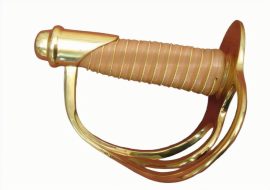 Of all the Confederate swords and sabers, this style saw the most service. The Confederate Cavalry Saber is a very distinctive style with a brass guard similar to that of an 1860 Light Cavalry Saber ,which itself was a copy of an earlier French saber.
Features a hand forged carbon steel blade with long wide fuller. The three bar guard is made of solid brass, as is the pommel. The grip is wood with a brown leather and brass wire wrap. The matching steel scabbard features brass furniture, ring mounts and drag.