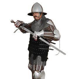 This set of late Medieval splint / Brigandine arm armor consists of 16 gauge steel poleyns which are paired with set of upper and lower leg armor which is crafted from thick and tough quality leather which is directly riveted with strips of steel. This was a common form of protection for the Medieval man at arms that was both practical and effective.  The thick strips make cutting into the leg very difficult and even the thick leather would be a challenge to pierce and puncture with enough effectiveness to wound effectively. This gives the Medieval warrior a high level of protection while using less steel and also incurring less total weight for his armor.
A set of buckles and straps fit and fasten the upper and lower armor to the arms and leather ties integrate them with the all-steel elbow couters for a complete defense. Thick leather tab loops also help suspend the armor from your own arming belt or padded armor beneath. These are One Size Fits Most due to the adjustable components and the flexibility of the leather backing to conform to the body.