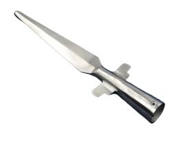 This Winged Spearhead is ready to be mounted onto your own haft and is built for sport and stage combat with its blunt and rebated tip. Made from high carbon steel, the edges are thick and unsharpened and a pair of pre-drilled holes allow for the spearhead to be stoutly secured with your own hardware.