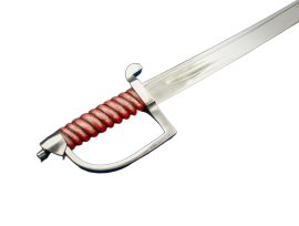 Circa 1775: The American Colonists were, like most of Europe, amorous of the dashing French Hussar. The handmade hilt of this American saber reflects their admiration of the 1700’s French style. This well-balanced, fast sword was designed for the mounted fighter. Solid steel hilt with spiral pattern carved hardwood grip is married to an effective 1085 high carbon, well tempered blade. Comes with black leather scabbard with steel mounts. This attractive sword can be seen in the book ”Swords and Blades of the American Revolution” by O.C. Newmann.