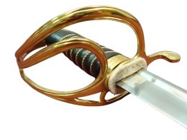 The United States Dragoons Saber was carried by the 1st and 2nd US Dragoon Regiments. These sabers saw conflict in the Second Seminole War, the South-West Indian Wars and the Mexican War.
The United States Dragoons Saber features a tempered 1065 high carbon steel ”Pipe back” blade with engraved “United States Dragoons” design. The three branch guard is solid brass, while the wood grip is wrapped in black leather and brass twist wire. Includes a steel scabbard with hanging rings.