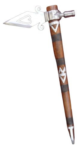 The Tomahawk is an iconic American weapon, its famous form created by two cultures to create a superb axe. The Tomahawk is both weapon and tool, fast in close combat and decisive when thrown. The word Tomahawk is an anglicized version of the Algonquian tamahaac meaning what is used for cutting. Native American tomahawks had chiseled heads, but Colonists took its form and added a metal head based on the Royal Navy boarding axes. They quickly made a brisk business trading metal tomahawks to the Native Americans who had an initially insatiable desire for them. The input of these two cultures created a weapon well-suited to the frontier and tomahawks were found in the hands of both peoples universally. Even the Continental Congress of revolutionary America required that militiamen bring a tomahawk or cutting sword with their fighting kit to drill and battle.
The Pipe Tomahawk is particularly unique because its hammer head is a pipe and a hole is drilled through the shaft so that it can be smoked from the handle. Thus, in a single object the two dichotomies of New World encounters are symbolized; that of the axe of war or the pipe of peace. These Pipe Tomahawks were often gifts for inter-tribal diplomacy or colonist-indian peace treaties. They were prized by the Chiefs who received them, who in later years would be photographed with their Pipe Tomahawks. Lewis and Clark brought 50 Pipe Tomahawks with them on their expedition to use as gifts of goodwill to the tribes they would encounter.
This pipe tomahawk has an unsharpened head of high carbon steel. The shaft is of wood and is decorated with cross-hatched banding and riveted metal inlay. A hole is drilled through the shaft and into the pipe bowl, allowing for the use of the tomahawk as a peace pipe.