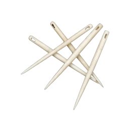 This set of five sewing needles are crafted from solid bone and have slotted eyes which are better suited for slippery threads like wool than round holes. Bone needles have been used since the stone age and were still common well into the Medieval period, especially for commoners. Bone needles were not only inexpensive when compared to metal needles, but they also work quite well for sewing wool.
Please Note: These handcrafted, organic items will vary slightly in size, shape and color.