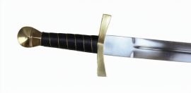 The Deepeeka Viking Dagger has a wide, unsharpened blade crafted from EN45 high carbon steel; the crossguard and pommel are cast from brass and the wooden grip is bound in leather and finished with an inlay of twisted brass wire. Included is a dagger sheath of stitched leather with an integrated belt loop.