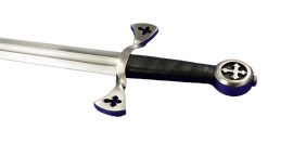 Named for the final Grandmaster of the Knights Templar, the Gothic-styled Molay sword has a forged blade of EN9 high carbon steel. The forged and stylistically-twisted crossguard is mild steel, as is the pommel with a prominent Templar Cross. The wooden grip is tightly bound in supple black leather.
The sword has a companion scabbard of wood tightly wrapped in black leather and finished with a protective steel chape and locket. It has three steel hanging rings to allow for the wearer to choose to wear it vertically or at an angle.
A solidly built sword, this arming sword has a point of balance far enough ahead of the crossguard to ensure it strikes with force but still keeps a good amount of maneuverability by not having that point of balance so far out that it makes the sword feel overly tip-heavy.