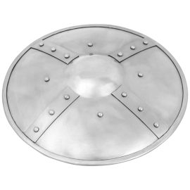 This large buckler is large enough that it is about the size of a smaller targe or round shield which gives it a fine balance between maximizing defensive ability and portability. A sizeable buckler such as this is an excellent match for an arming sword or a sidesword and in the hands of a capable and well-trained duelist it can shift seamlessly from defensive tool to offensive weapon. A large buckler when held outstretched not only denies a substantial amount of attacking angles from a foe, 