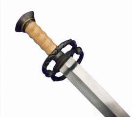 This Landknecht Dagger is based on a historical example from Solingen, Germany and makes a fine companion piece to a Katzbalger sword and functions eminently well as the finishing piece to a Landsknecht ensemble. The stiff and thin blade will ably pierce thick clothing or the gaps in an armored defense in a melee scrum and the wide S-guard gives much more protection for the hand than most daggers. The blade is crafted from tempered high carbon steel and the guard and pommel are crafted from blackened steel. The grip is well-carved wood and brass accenting completes the dagger. The dagger is matched with a scabbard of thick leather and is completed with blued steel fittings and brass finishing accenting. Brass hanging rings allow for it to be worn.
Please Note: It is common for the scabbard to have a combination of dried brown oil and light rust on the blued steel scabbard components. Using WD-40 or the Windlass Rust Blocker solution can remove much of this with a thorough wipedown. Metal polish can also be used to clean and clear this up but the exacting metal polish and its use need to be used carefully as some of these have an abrasive component that can diminish or remove the blued finish.
&nbsp;