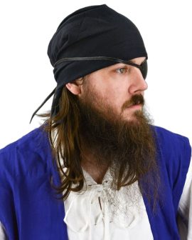 A pirate bandana is an easy way to add that bit of practical piratical flair to your ensemble and they look great on their own or peeking beneath a hat. Unlike many bandana on the market which are made from thin material, this one is made from durable cotton canvas. Many pirates would have made bandana and other bits of clothing from spent canvas sailcloth and the use of canvas for this bandana is quite fitting.
Please Note: Some of the photos show this article of clothing as part of an outfit for demonstration. Only the single clothing item as detailed in the description is included. The other items are available separately.