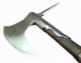 The Dragon Hunter Axe is quite imposing as it can deal damage from either end. The axe head is comprised of a 1085 hand forged steel head, spike and socket. The shaft features a genuine leather grip w/ faux braid pattern over solid wood handle. The pommel has individually hand turned steel spikes pointing out in all directions to create a nasty 360 degree mace pommel. The fighter will want to be sure to wear a gauntlet when wielding this formidable weapon.