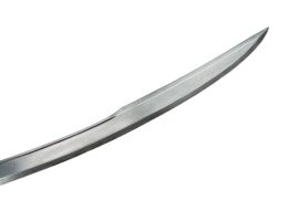 This ornate and entirely handcrafted saber from India with its damascus blade and koftgari-inlay embellishment is in itself a display of the traditional swordsmithing arts of India. The damascus steel blade features panels of silver inlay on both sides of the blade. The blade tang is secured by filling the hollow hilt and grip with a hardened resin to solidly anchor it into the hilt. This method of sword construction is a traditional technique in India.
The sword is paired with a wood-core scabbard overlaid in vibrant velvet. Its steel components were decorated with silver koftgari to match the sword. The Damascus steel blade is crafted from the melding of two different steels into a single billet from which the smith forges the blade; the mixed steel leaves a vibrantly visible rippled patterning on the blade surface. Traditionally this was a technique done to merge harder and softer steels into a single blade to impart it with both a hardness for durability and edge retention and a degree of flexibility to prevent the blade from becoming brittle.
This was done to get good results from the quality of iron available for smithing. Damascus is now technically inferior to pure steel made from modern industrial-scale methods, but it is still desired as the beauty of Damascus is instantly notable and is a testament to the skill of the smith who forged it with the traditional methods and the blade was further embellished with silver inlay at the base of the blade. The elegant and intricate design and patterning on the hilt was created with the laborious Koftgari technique; a traditional process exemplified by Indian smiths whereby a design is etched and chiseled and then strands of silver wire is carefully hammered into the etched design. The hilt is then heated in a kiln and the silver wire is then permanently annealed into a permanent design.
The patterning of the damascus blade varies with each blade in much the same manner as all fingerprints differ. Also the Koftgari designs are made to the individual design and artistry of the smith. Therefore every one of the swords of this type are uniquely crafted and are a testament to the traditional swordsmithing techniques of India.
Please Note: Unique Item – Only One Available!