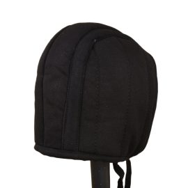 This padded arming cap is created from tough, quilted cotton and padded with natural wool. This all-organic construction allows it to ventilate better than a cap padded with artificial poly-fill. A pair of integrated cotton ties allow it to be secured around the chin. Cap is sized large.
Most medieval and Renaissance warriors could certainly do to have a padded arming cap as an essential component of their battle kit. Whether it is their only piece of head armor or as impact-absorbing padding to wear beneath a steel helmet, the padded cap was a staple of the warriors armor kit for centuries.
On its own, the cap helps protect the head from cuts and is certainly much better than advancing into battle bare-headed, but it really comes into its own when paired with a stout helmet. The helmet deflects or absorbs much force and wont be cut through barring freakish incidents; the cap then absorbs much of the force that passes through the helmet and protects the head from that force.