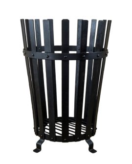 This Roman Camp Warmer is crafted from riveted bands of iron and fitted with a bottom grill to keep burning wood logs securely within the camp warmer.